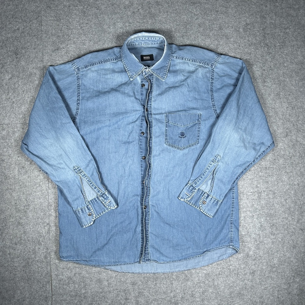 Vintage Hugo Boss Button Down Shirt Mens XL Light Blue Y2K Chambray Denim Pocket